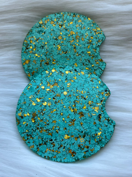 Car Coasters | Teal & Gold | Chunky Glitter