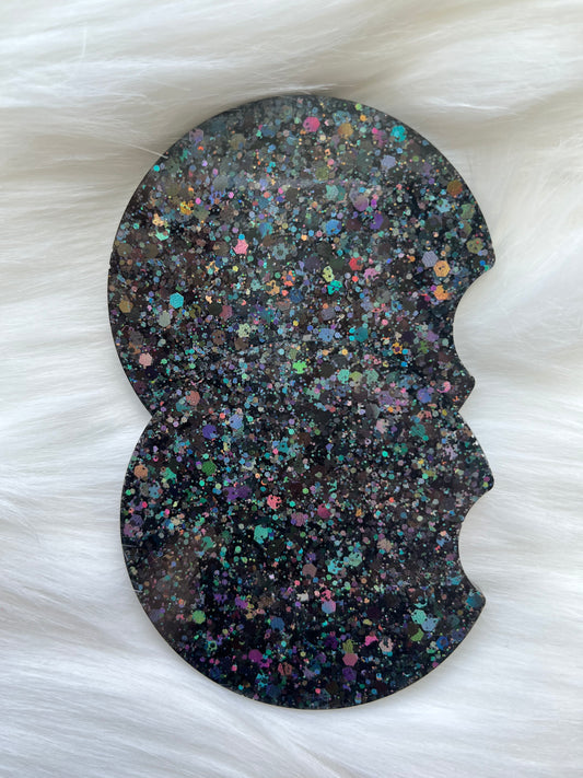 Car Coasters | Holographic Black | Chunky Glitter