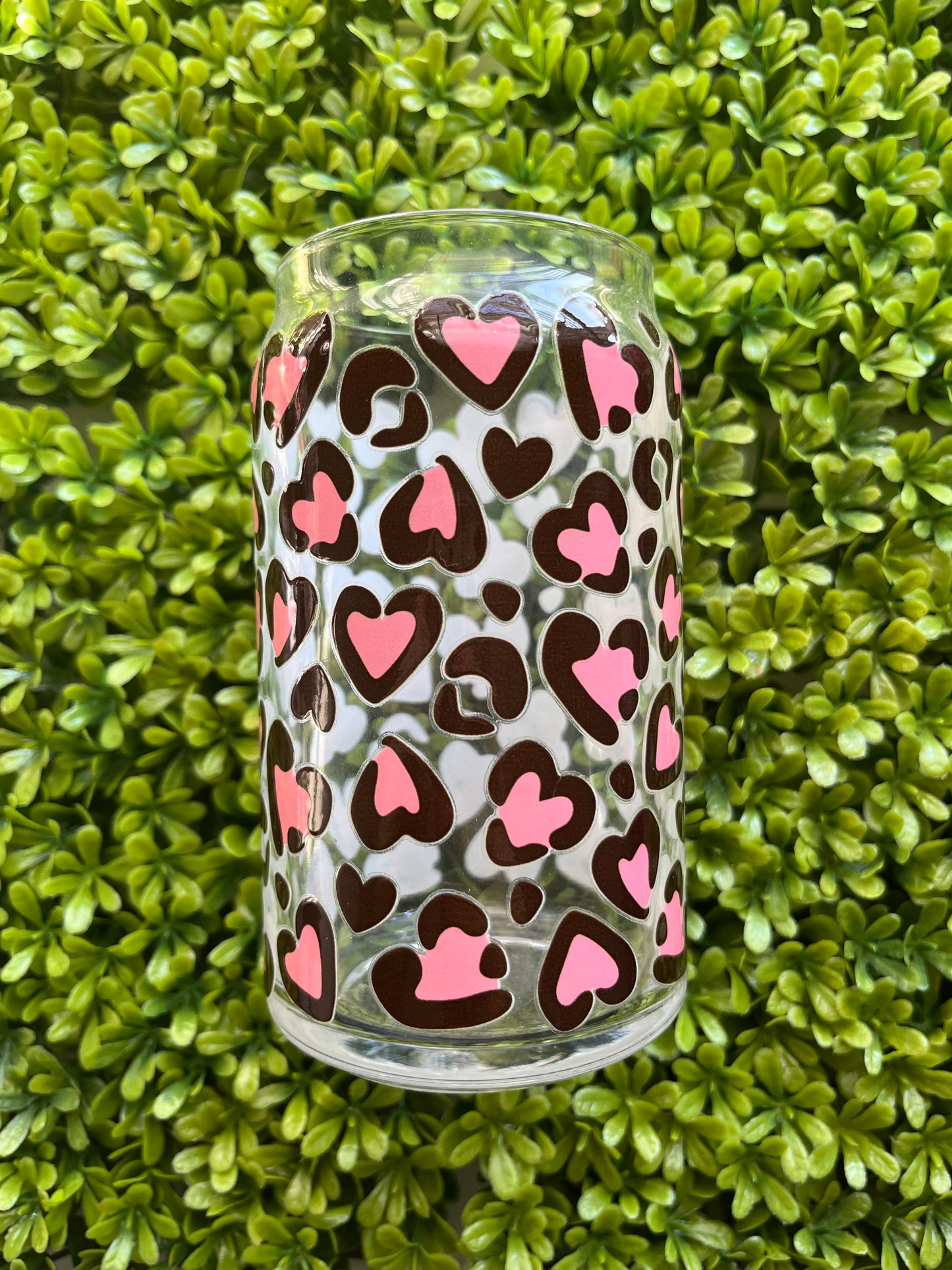 Pink Hearts Cheetah Print Glass Cup