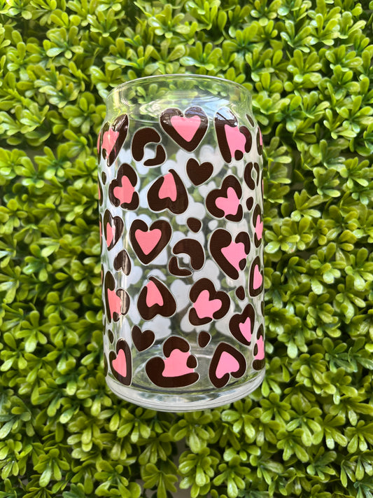 Pink Hearts Cheetah Print Glass Cup