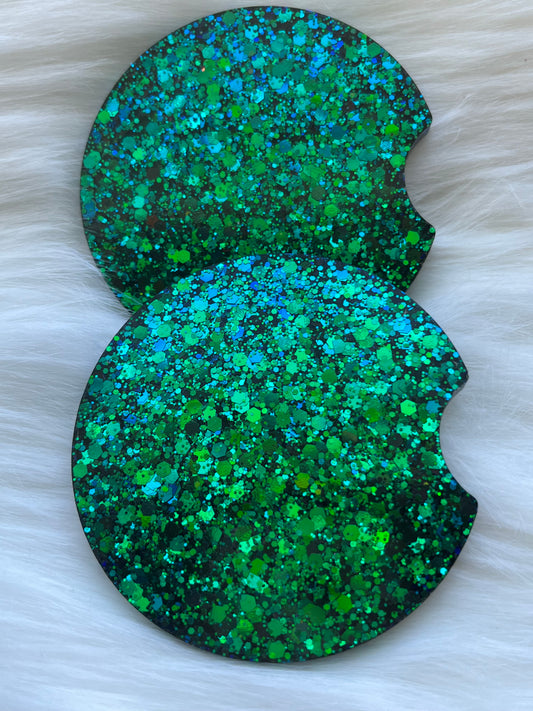 Car Coasters | Color Shifting Blue & Green | Chunky Glitter