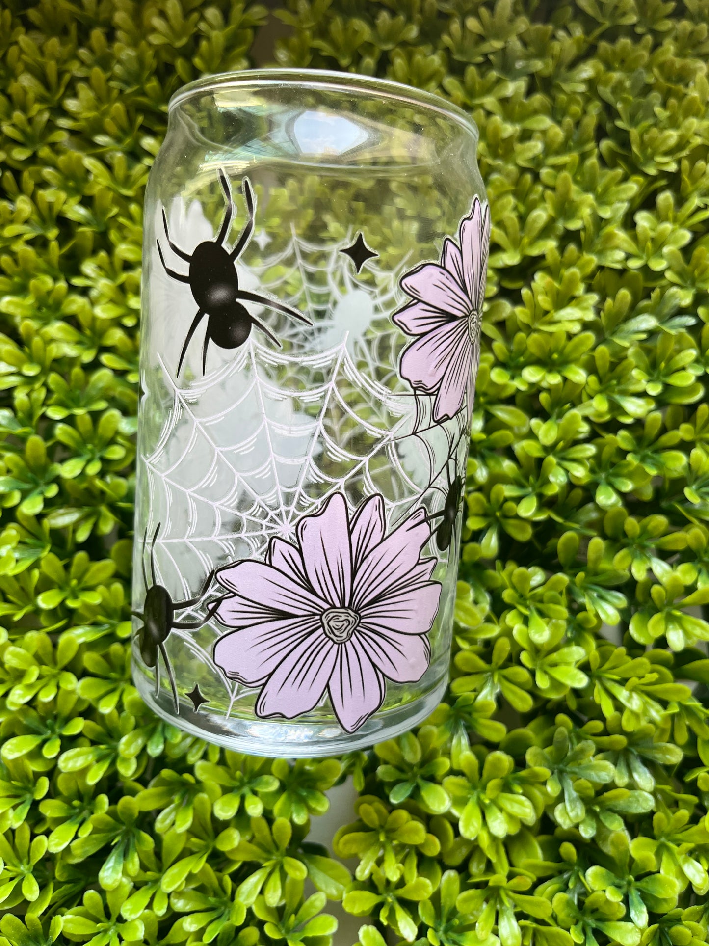 Spider & Purple Flowers Glass Cup