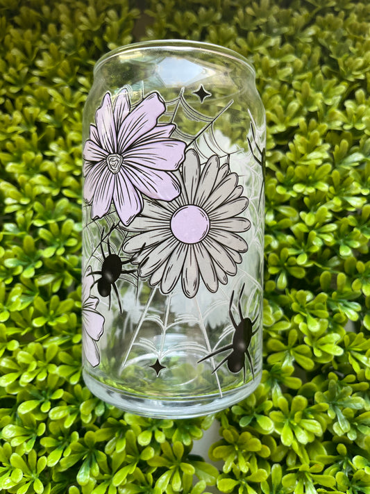 Spider & Purple Flowers Glass Cup